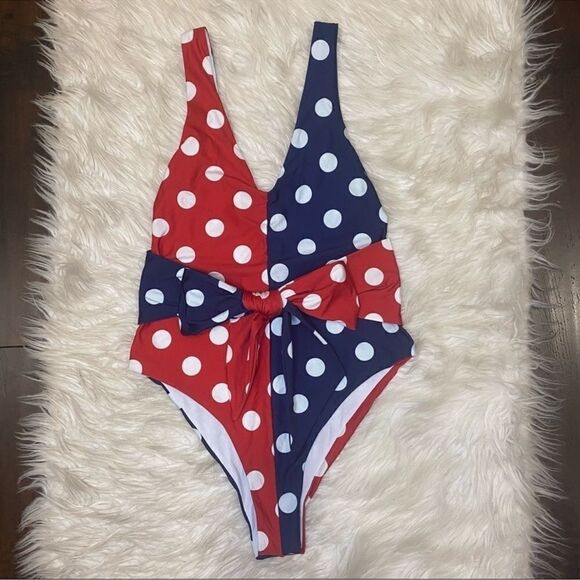 Beach Riot Samira Blue Red Polka Dot Color Block One Piece Swimsuit Sz S - Picture 13 of 16